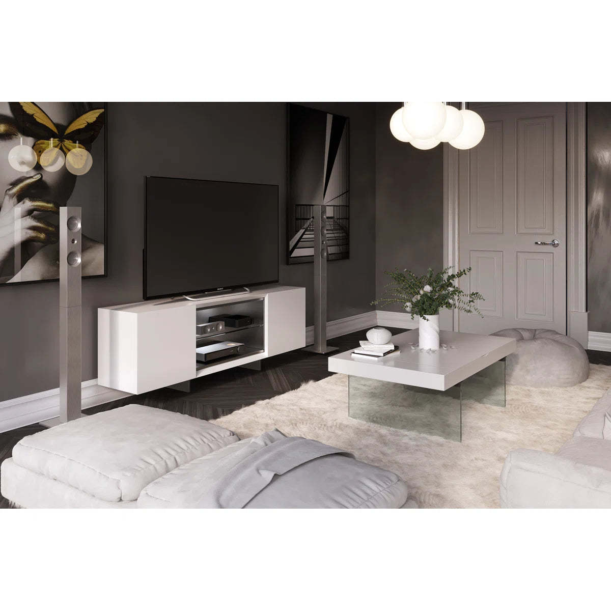 tv panel: Wooden tv panel with Cabinets and Shelves, designed for 65-inch TVs