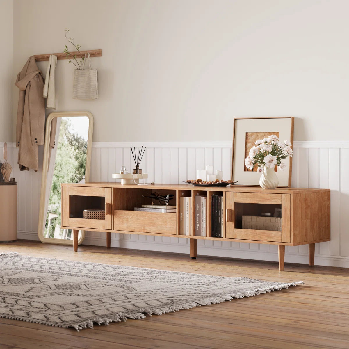 tv panel: Sleek Entertainment Console Holds TVs up to 78"