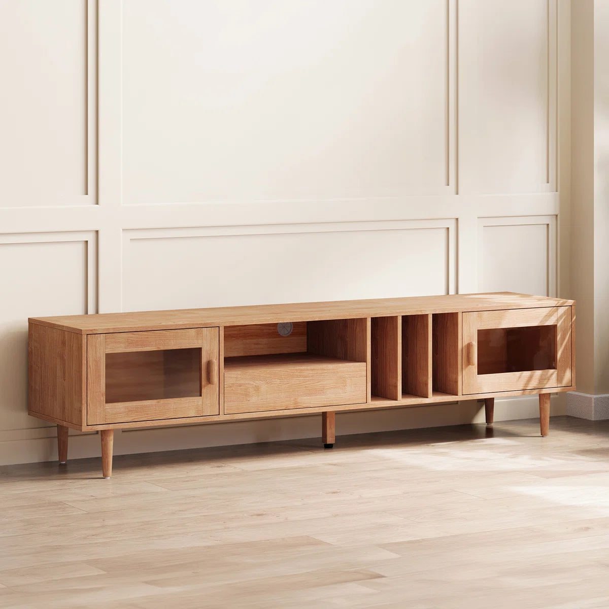 tv panel: Sleek Entertainment Console Holds TVs up to 78"