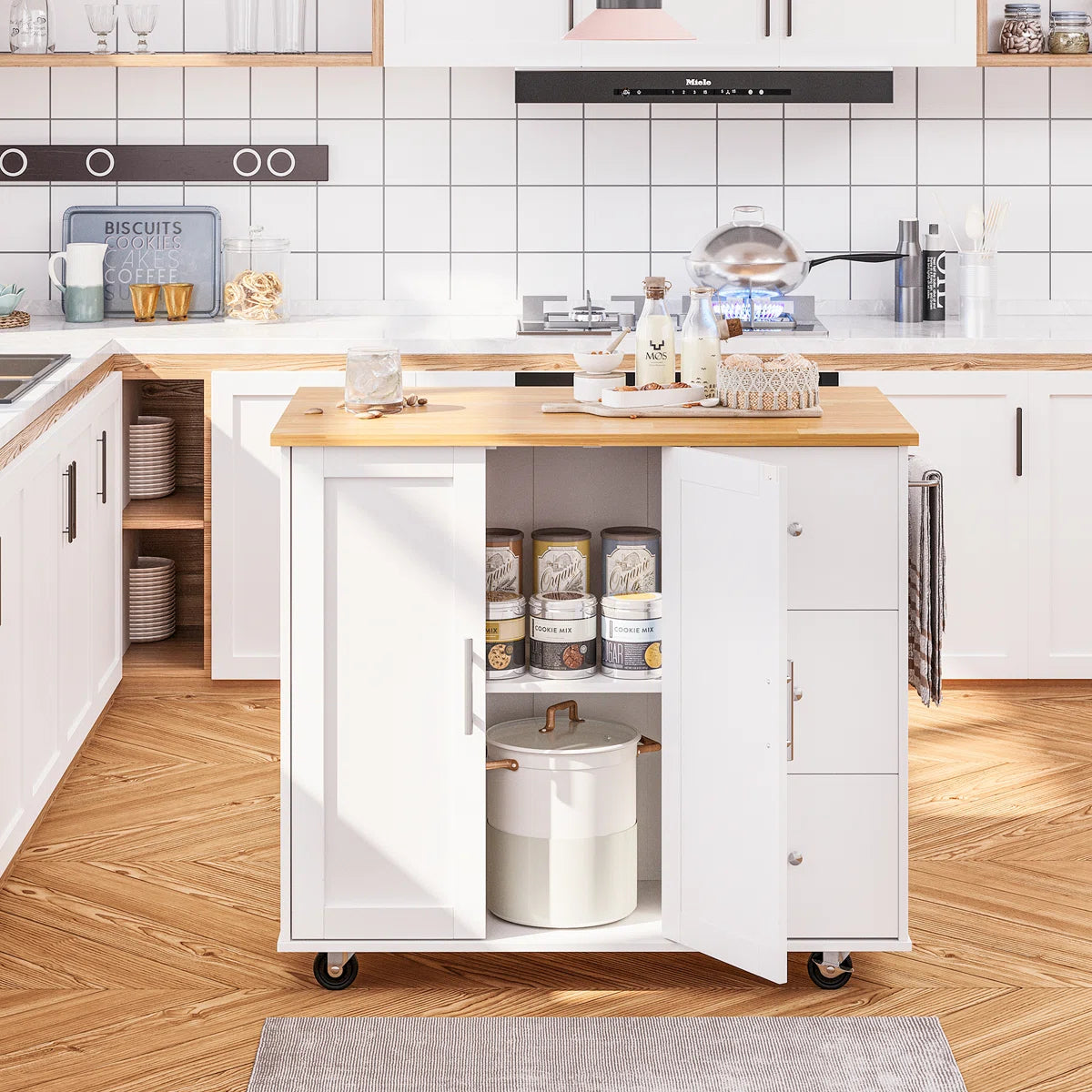 Kitchen Island Table: 39.7” Rolling Cart with Drop Leaf, Cabinet; Towel Rack