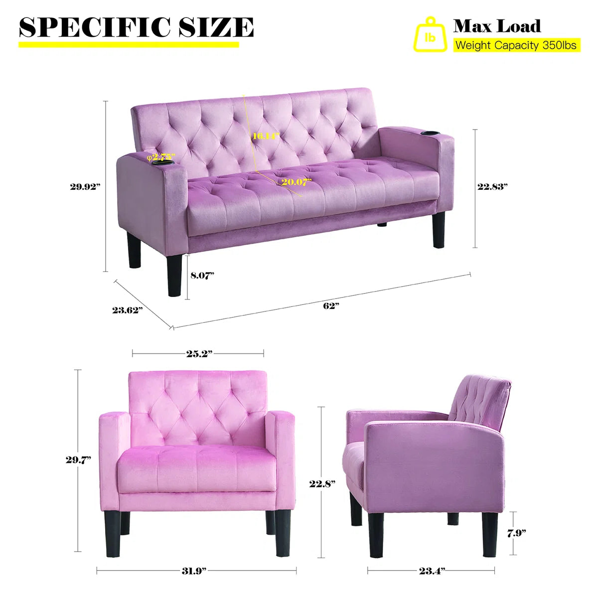 Luxury Sofa Sets: 3-Piece Velvet Sofa Set – Loveseat & 2 Chairs with Tufted Design, & Cup Holders