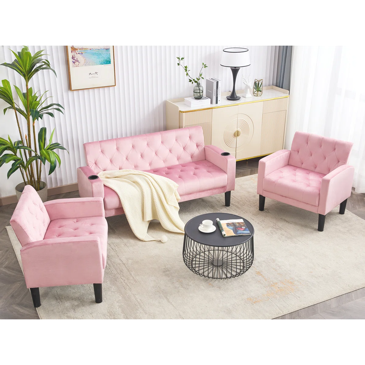 Luxury Sofa Sets: 3-Piece Velvet Sofa Set – Loveseat & 2 Chairs with Tufted Design, & Cup Holders