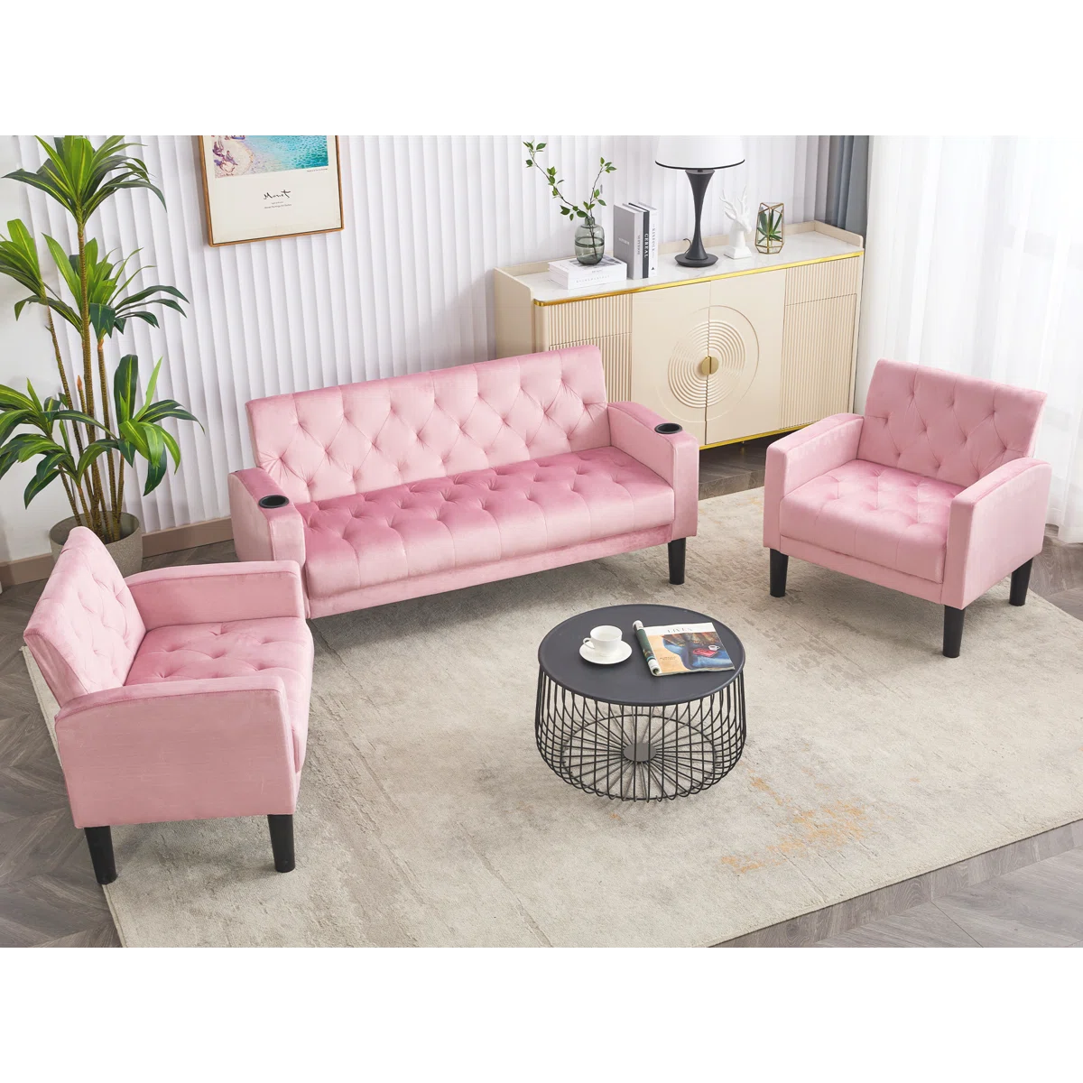 Luxury Sofa Sets: 3-Piece Velvet Sofa Set – Loveseat & 2 Chairs with Tufted Design, & Cup Holders