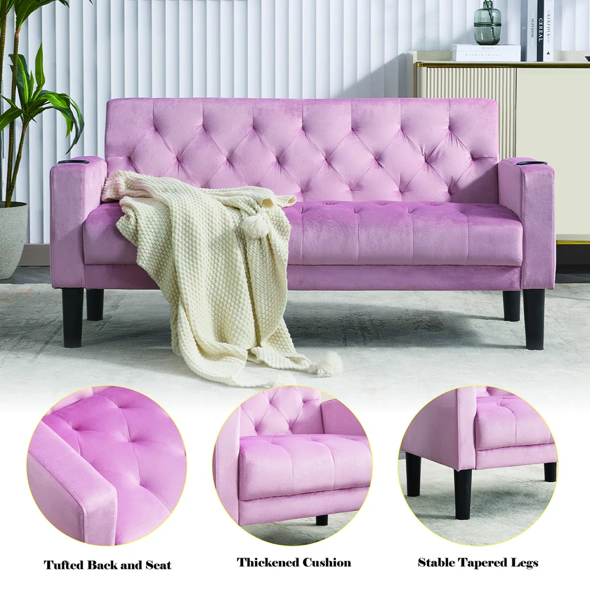 Luxury Sofa Sets: 3-Piece Velvet Sofa Set – Loveseat & 2 Chairs with Tufted Design, & Cup Holders