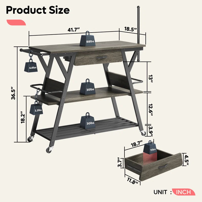 Kitchen Island Table: 41.7’’ Bar Cart with Towel & Spice Racks