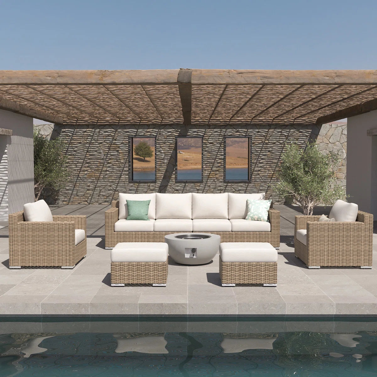 7 Seater Sofa Set: 7-Piece Fire Pit Seating Set for Patio or Garden