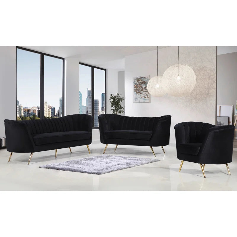 Luxury Sofa Sets: Tiberius Black Velvet 3-Piece Living Room Set with Gold Legs
