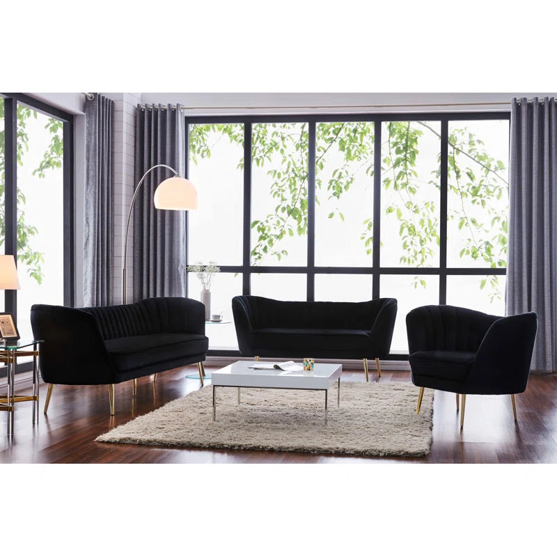 Luxury Sofa Sets: Tiberius Black Velvet 3-Piece Living Room Set with Gold Legs