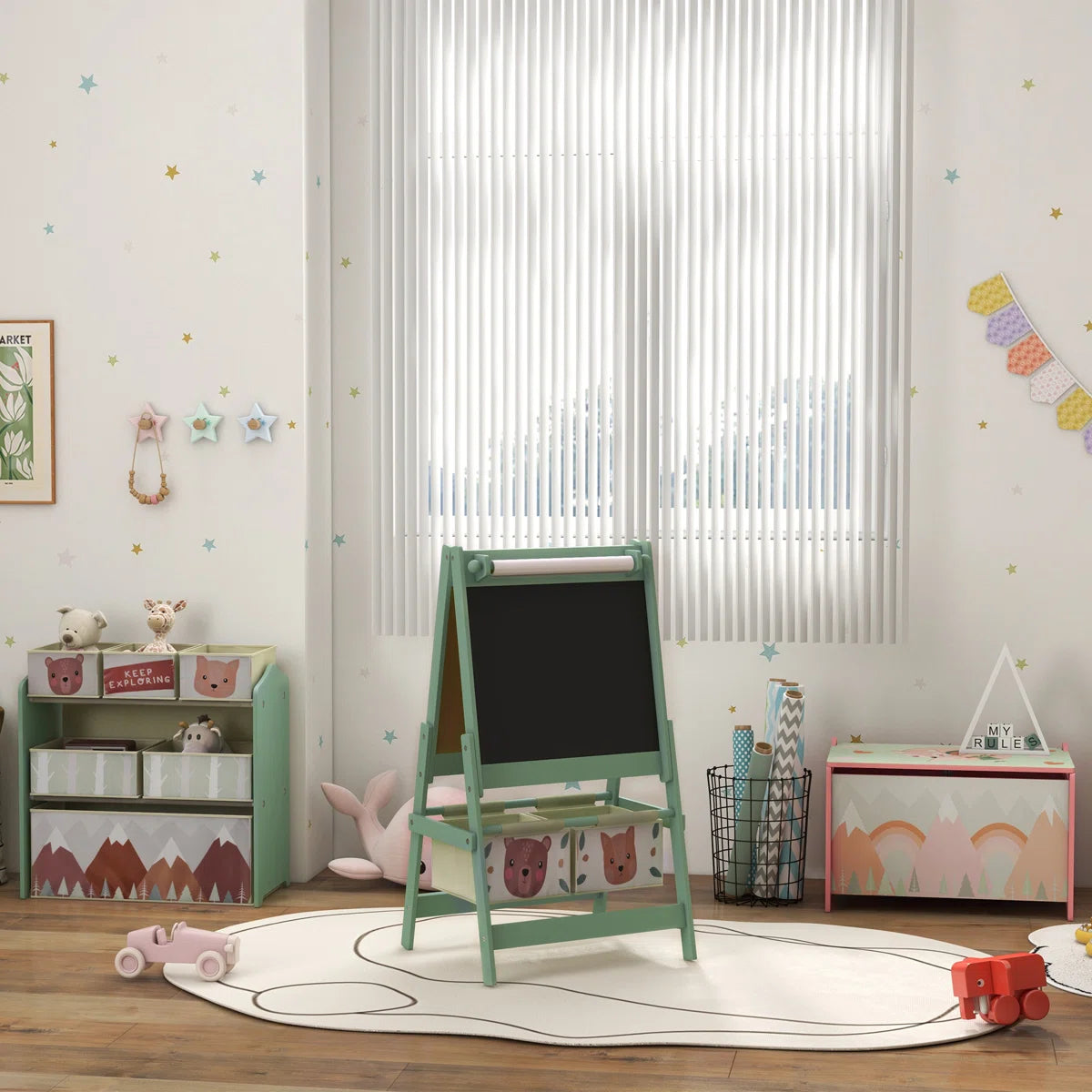 Kids Toy Storage Unit: 26'' Green MDF Organiser with 6 Bins for Easy Sorting