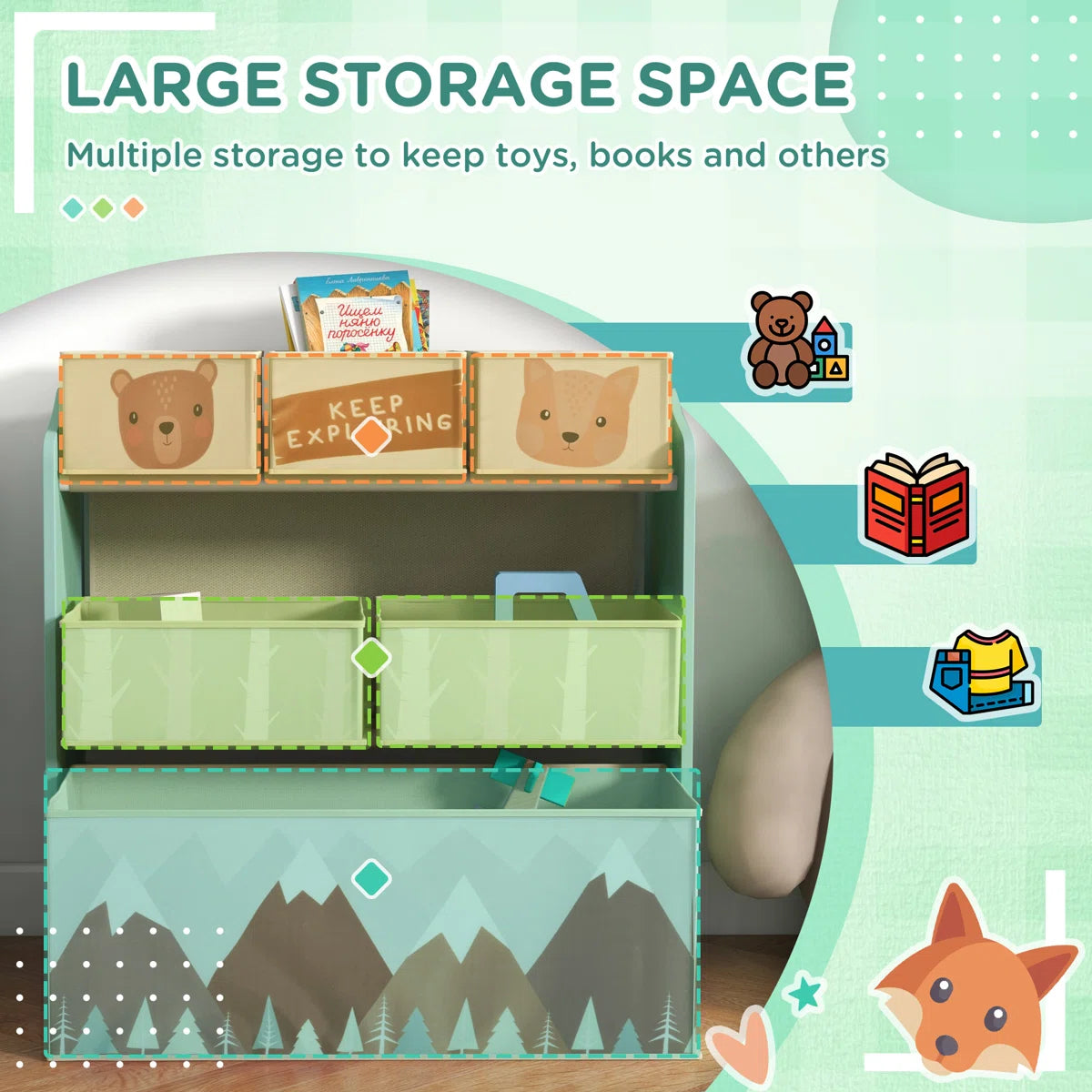 Kids Toy Storage Unit: 26'' Green MDF Organiser with 6 Bins for Easy Sorting
