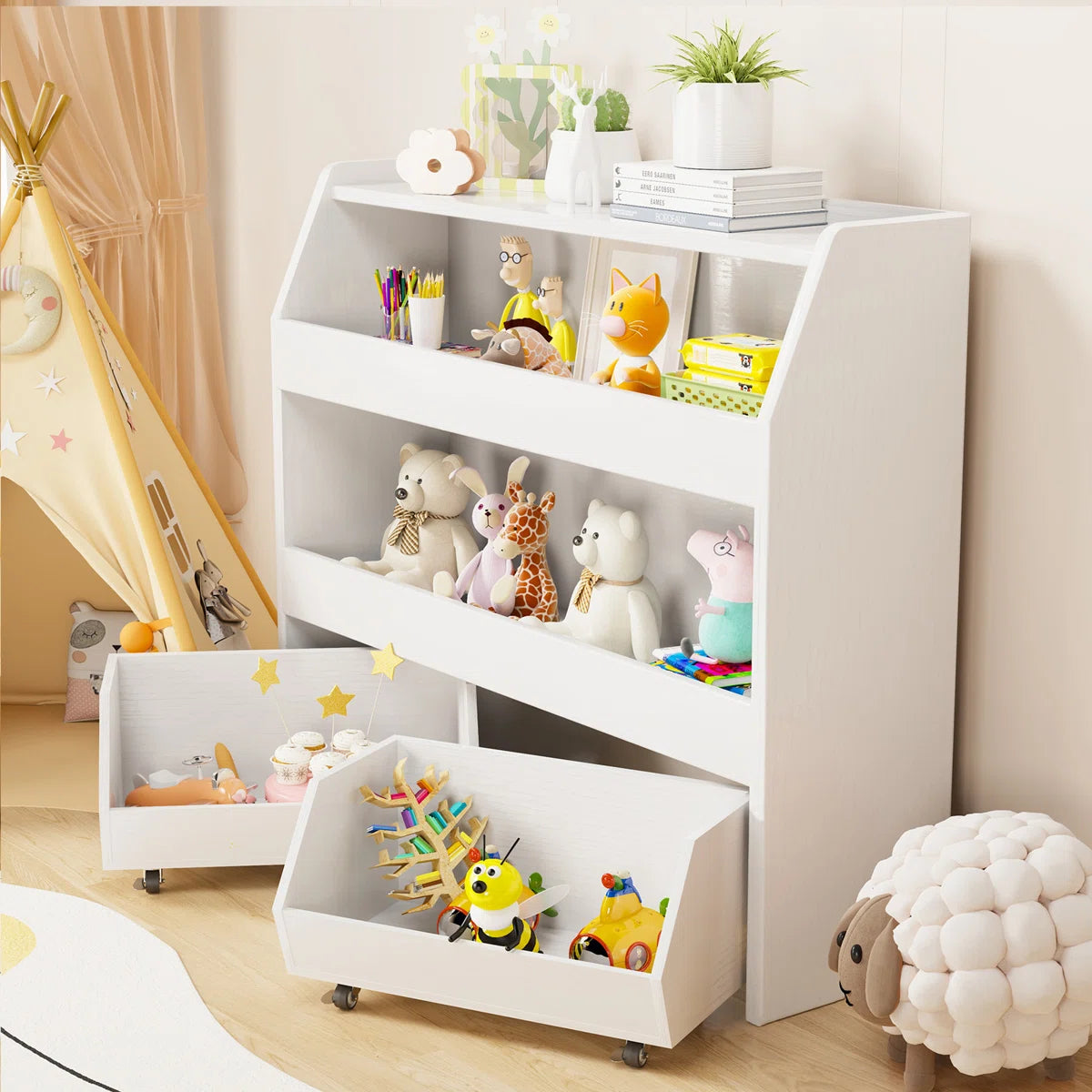 Kids Toy Storage Unit: Toy Organiser with Movable Drawers & Bookcase Storage Bins