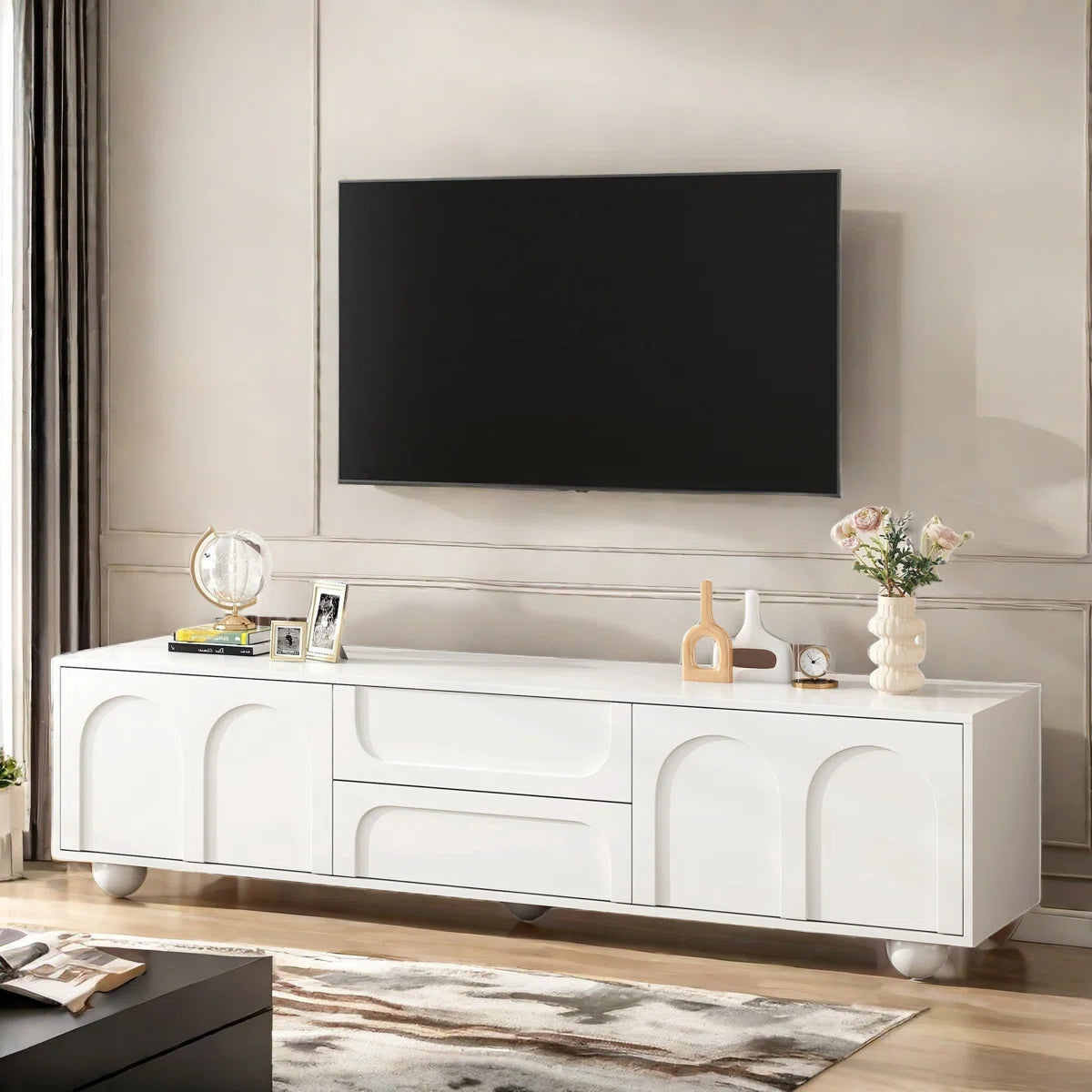 tv panel: Stylish Cream tv panel with Storage Drawers, Cabinets, and 5 Iron Legs