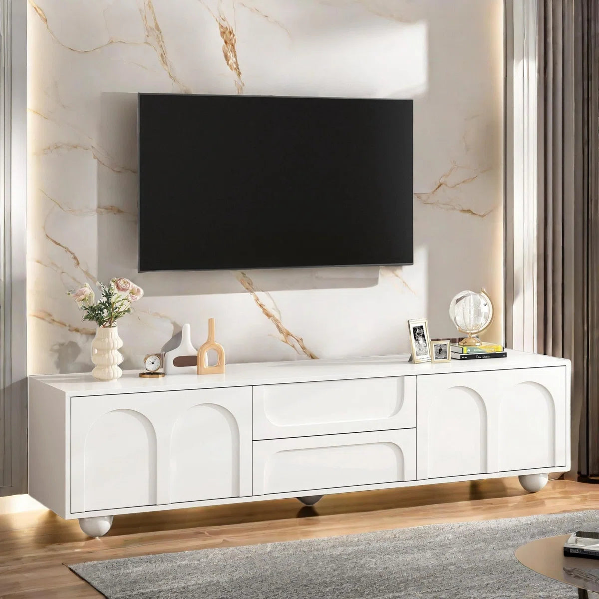 tv panel: Stylish Cream tv panel with Storage Drawers, Cabinets, and 5 Iron Legs