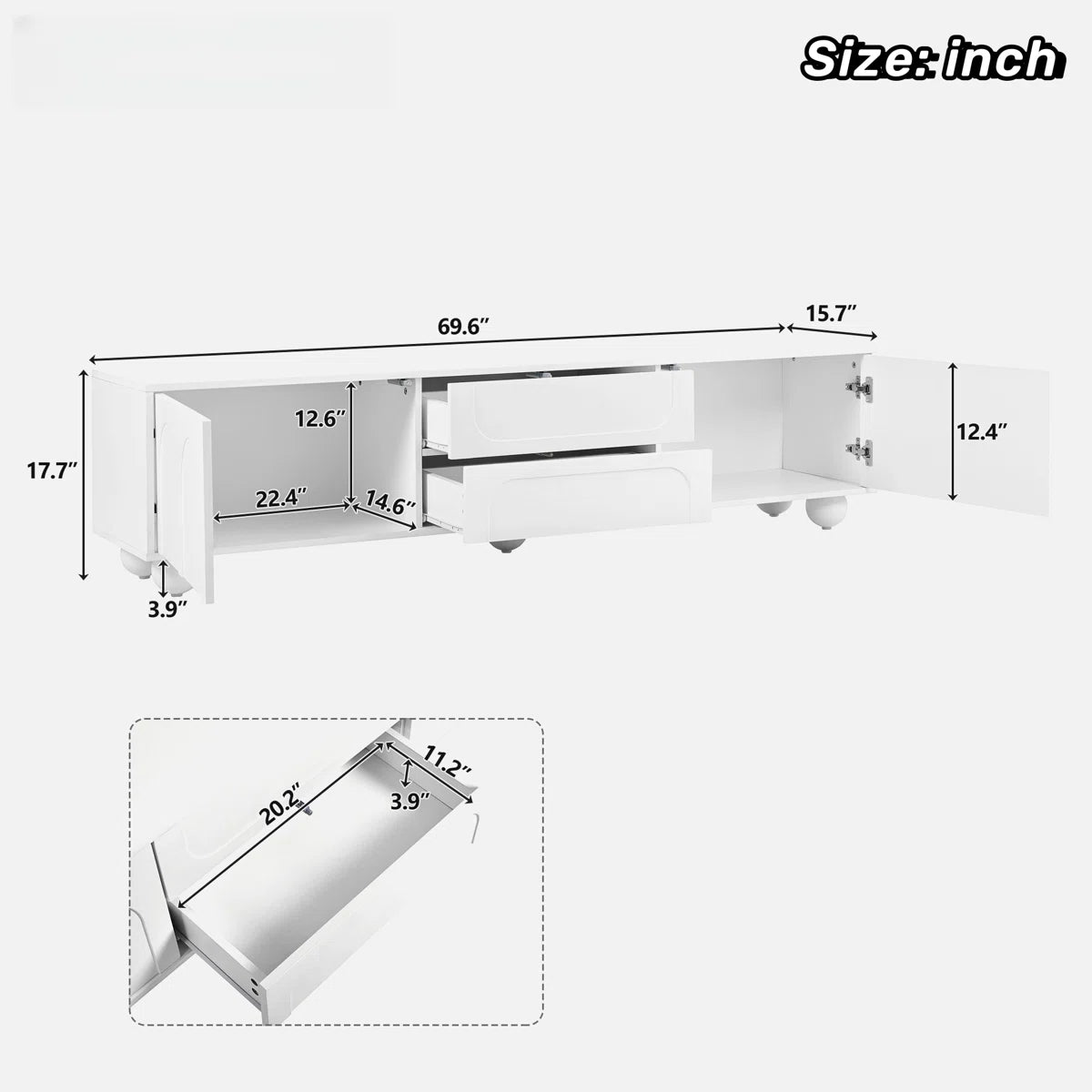 tv panel: Stylish Cream tv panel with Storage Drawers, Cabinets, and 5 Iron Legs