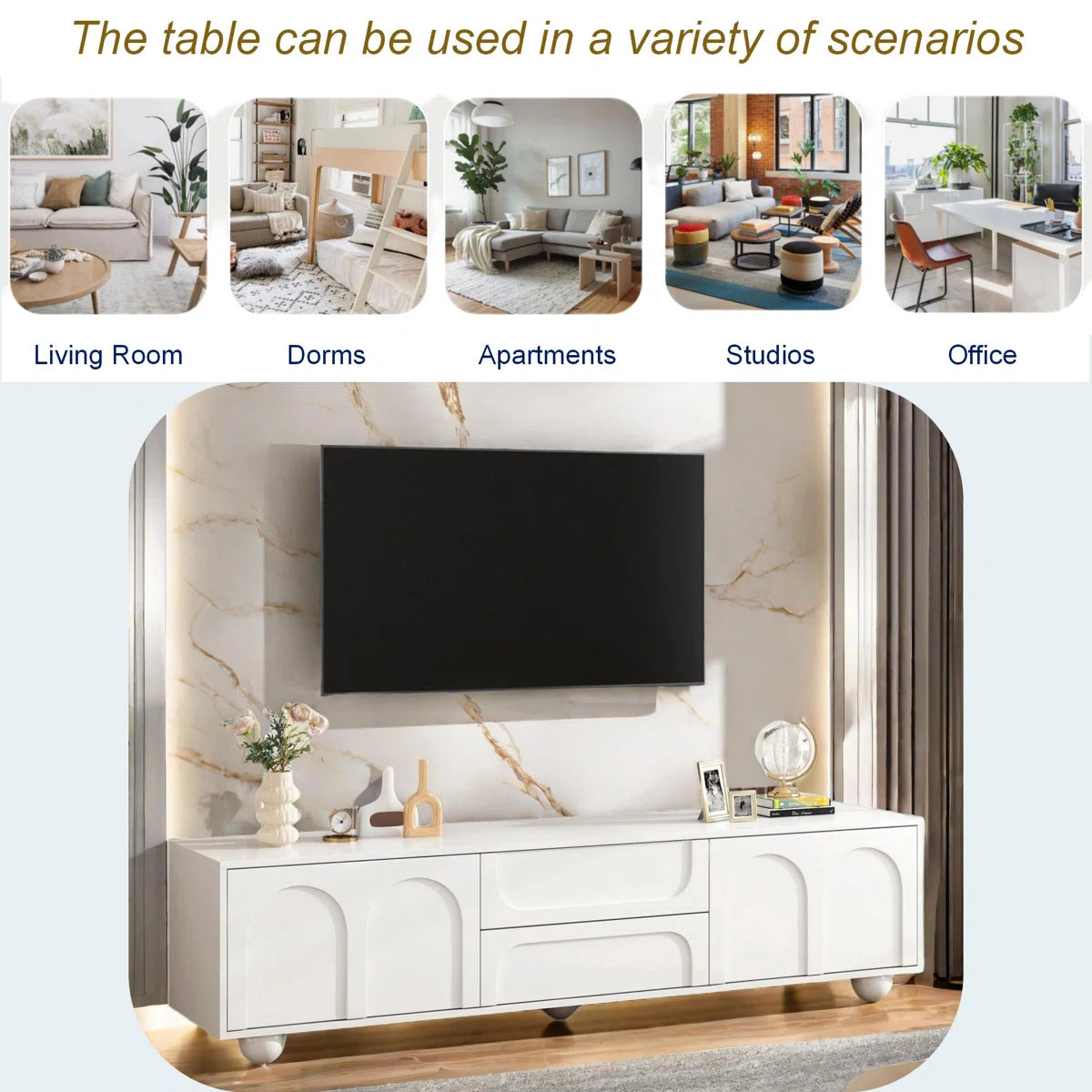 tv panel: Stylish Cream tv panel with Storage Drawers, Cabinets, and 5 Iron Legs