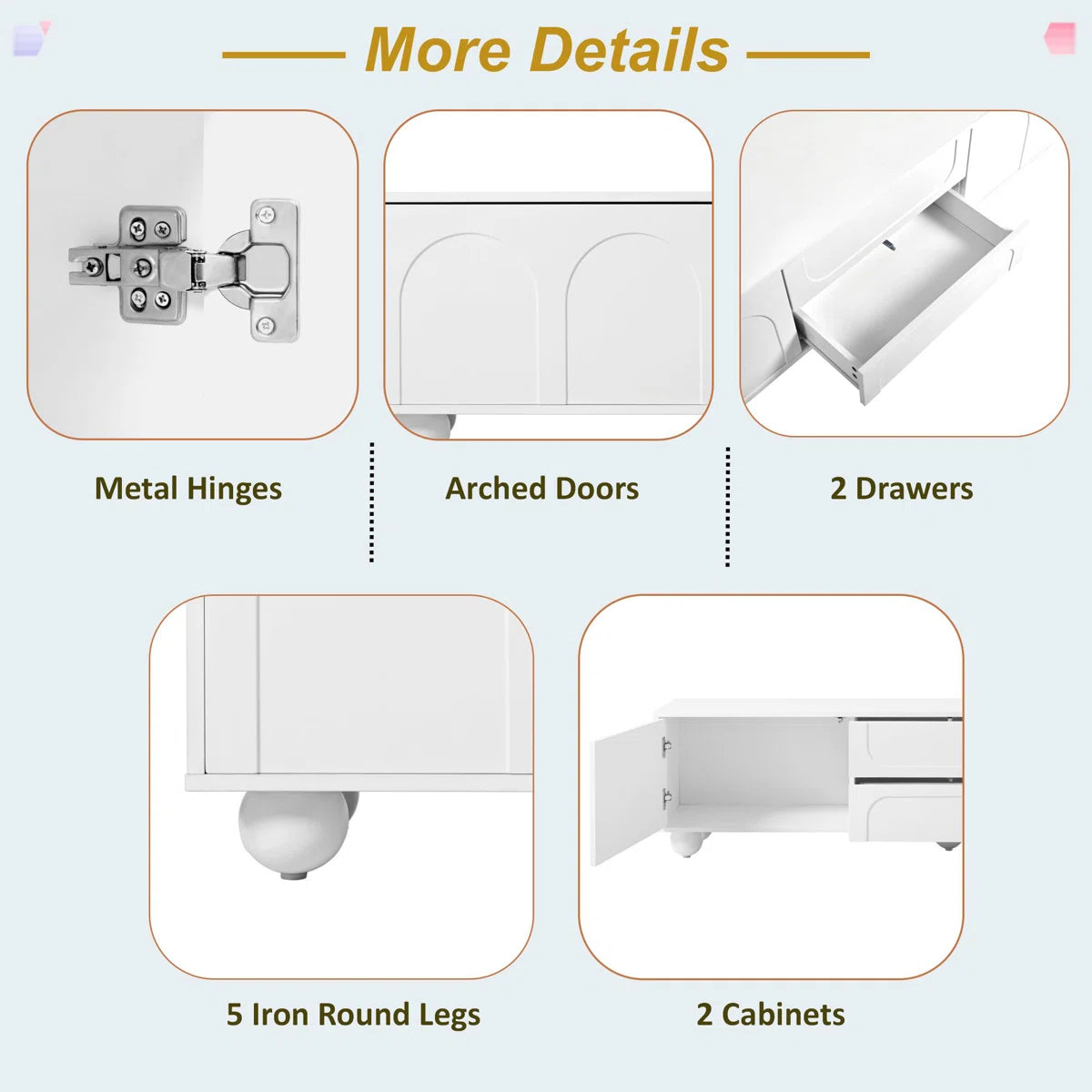tv panel: Stylish Cream tv panel with Storage Drawers, Cabinets, and 5 Iron Legs