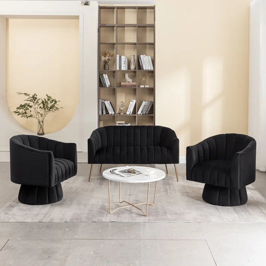 Luxury Sofa Sets: Modern Velvet 3-Piece Sofa Set with Swivel Chairs & Gold Legs