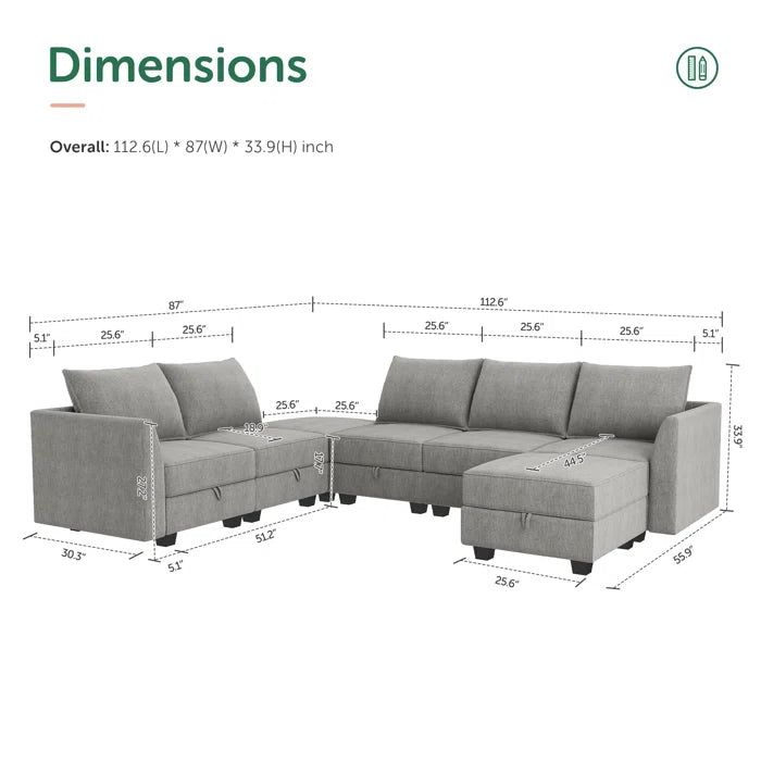 7 Seater Sofa Set: U-Shaped Modular Reversible Sectional Couch with Storage Seat