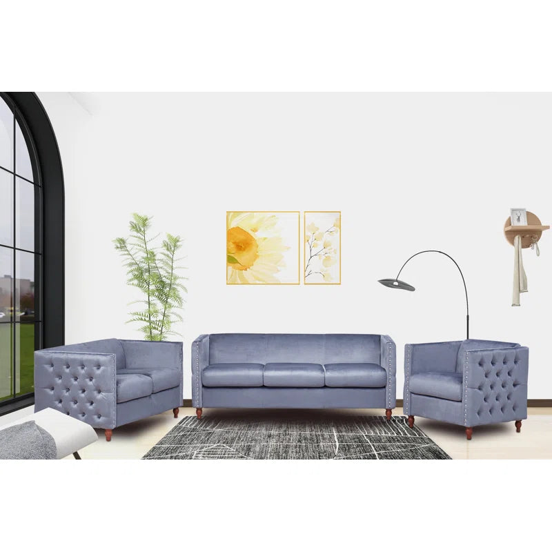 Luxury Sofa Sets: 3-Piece Velvet Chesterfield Sofa Set with Tufted Design and Rolled Arms