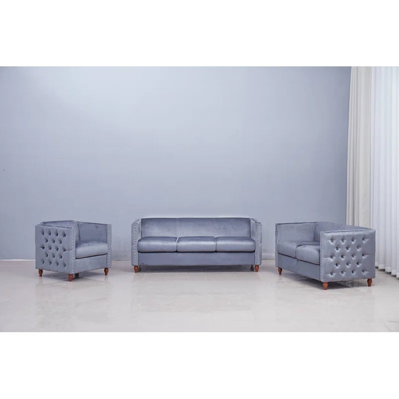 Luxury Sofa Sets: 3-Piece Velvet Chesterfield Sofa Set with Tufted Design and Rolled Arms