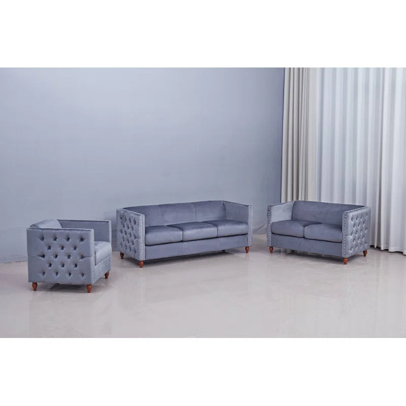 Luxury Sofa Sets: 3-Piece Velvet Chesterfield Sofa Set with Tufted Design and Rolled Arms