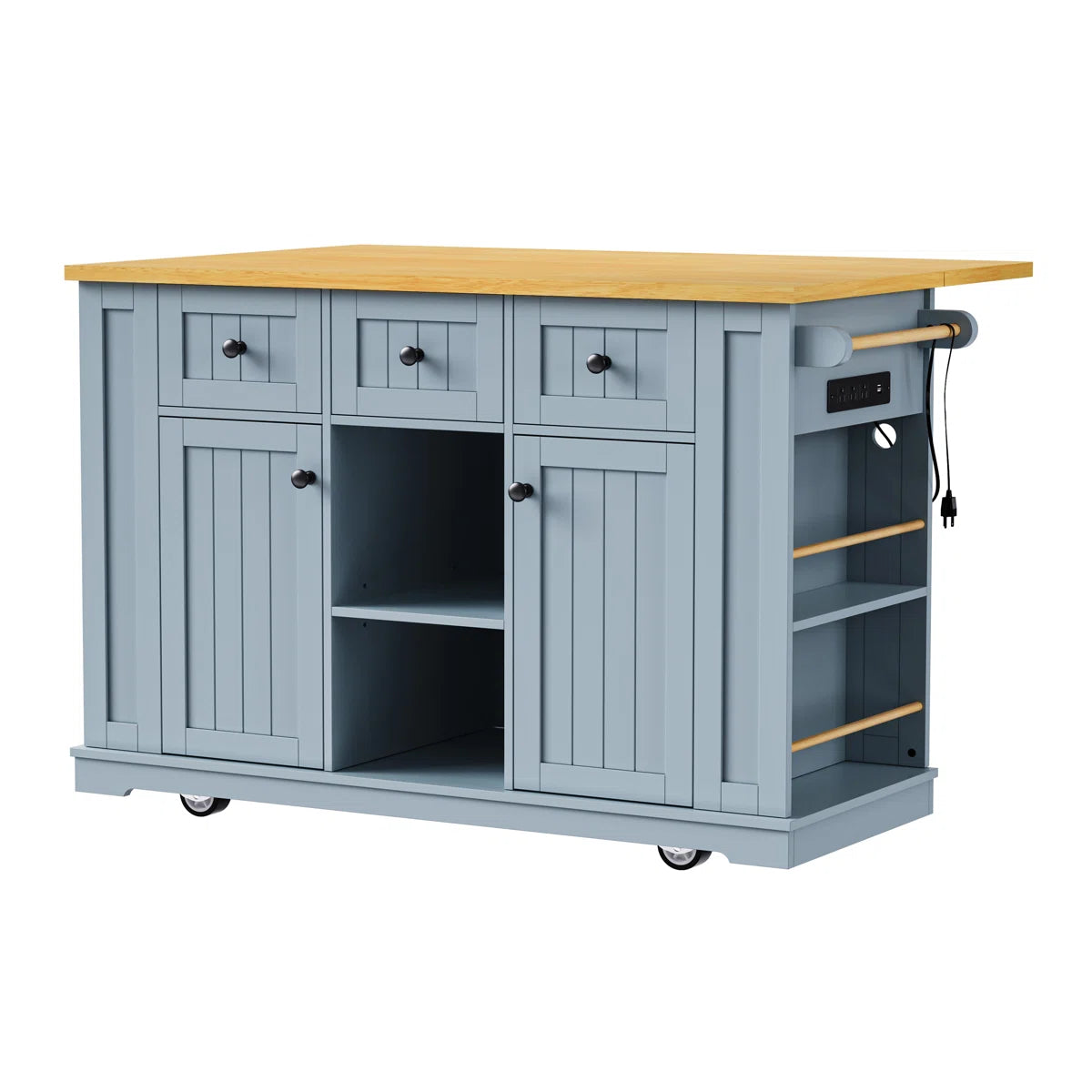 Kitchen Island Table: 53.14" Wide 3-Piece Set with Bar Stools, Power Outlets & Storage
