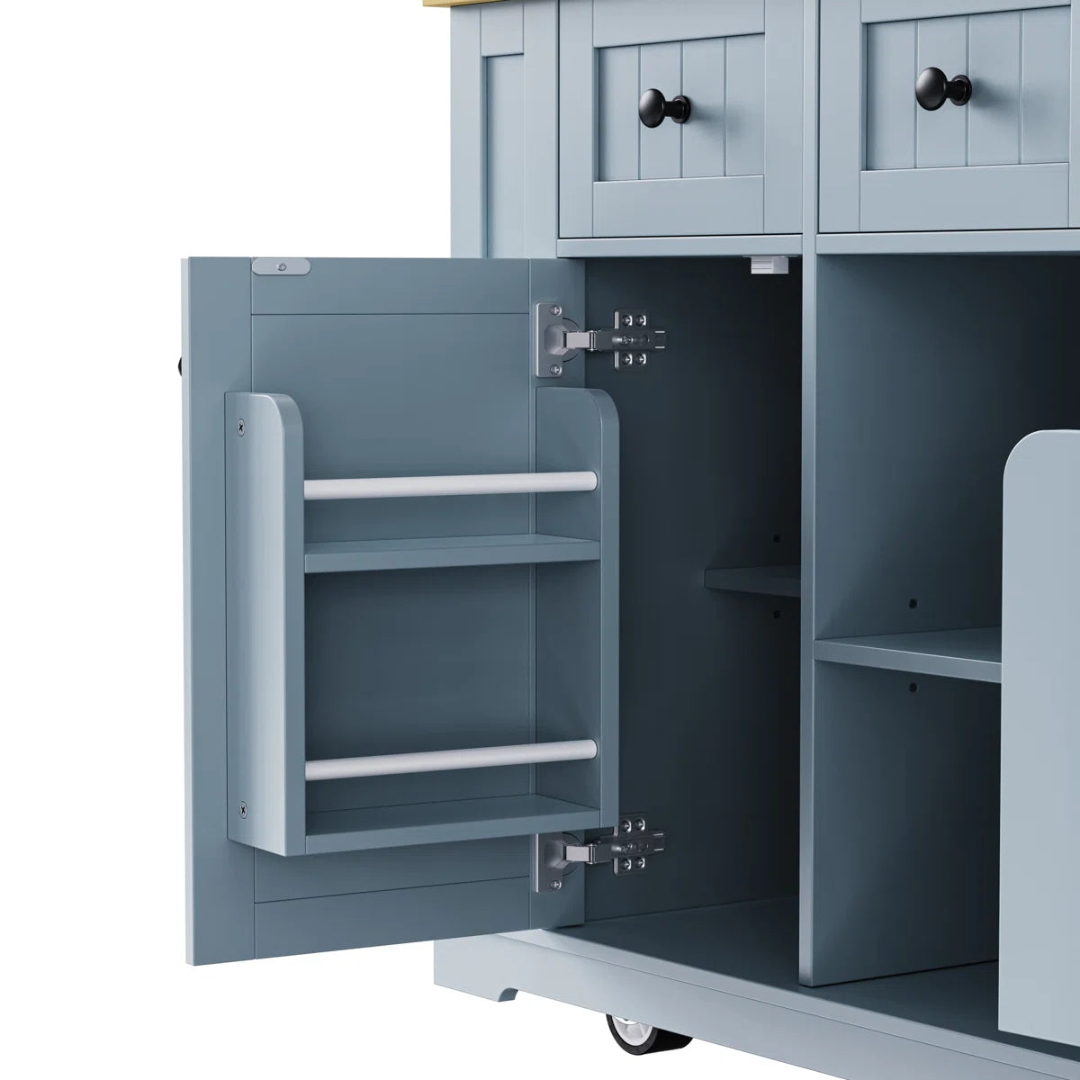 Kitchen Island Table: 53.14" Wide 3-Piece Set with Bar Stools, Power Outlets & Storage