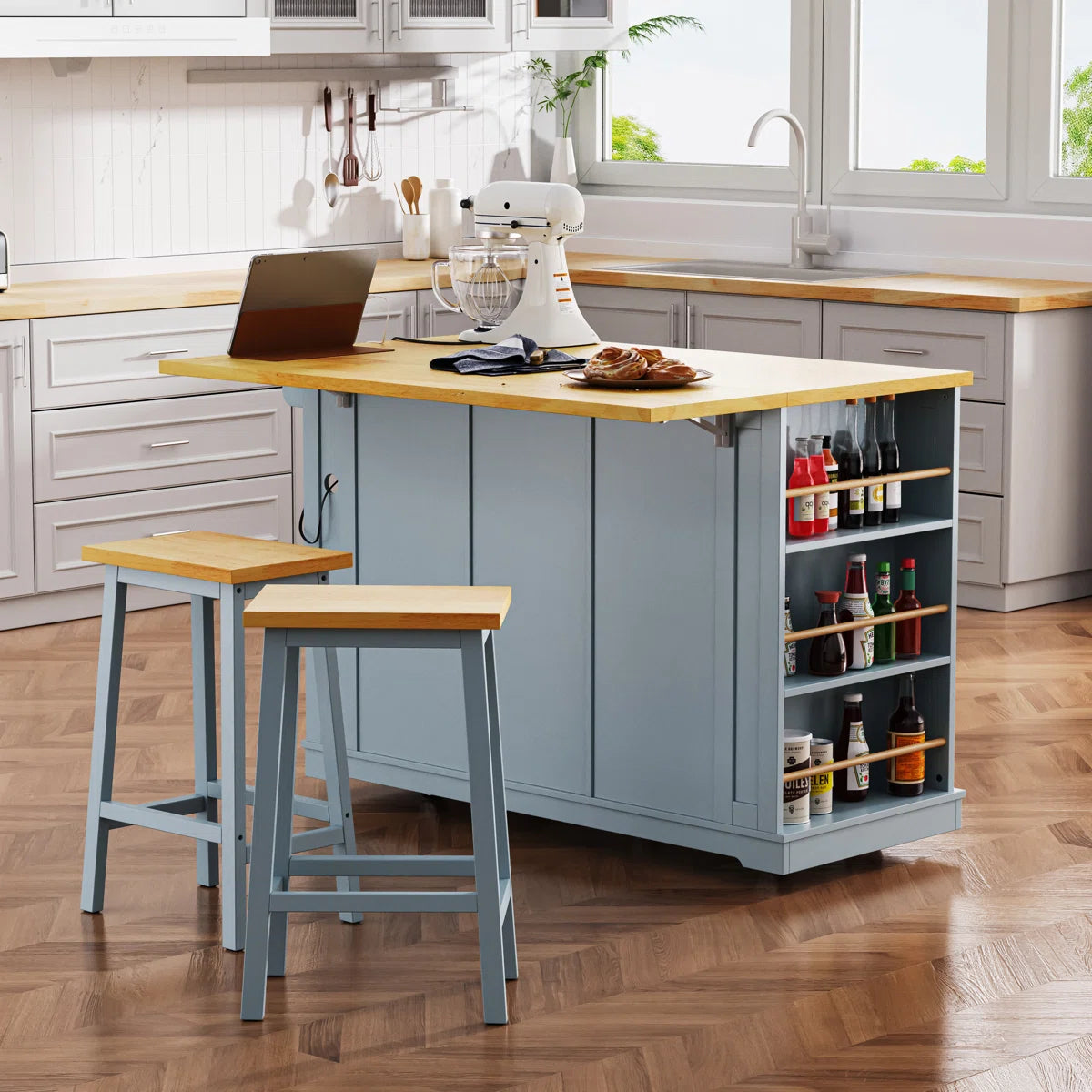 Kitchen Island Table: 53.14" Wide 3-Piece Set with Bar Stools, Power Outlets & Storage