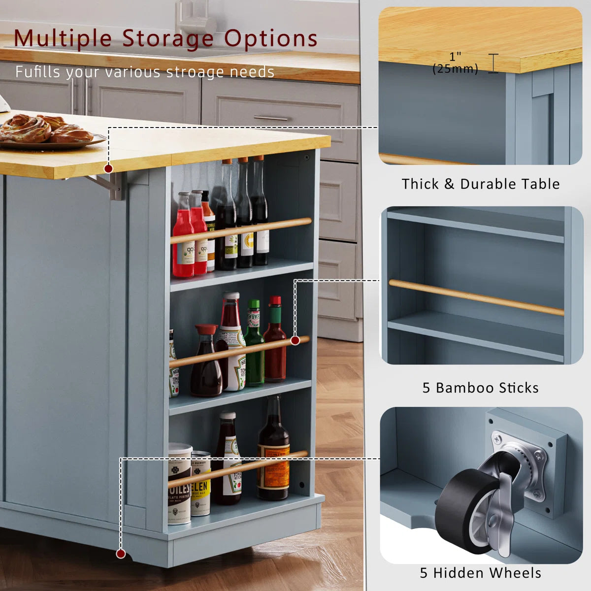 Kitchen Island Table: 53.14" Wide 3-Piece Set with Bar Stools, Power Outlets & Storage