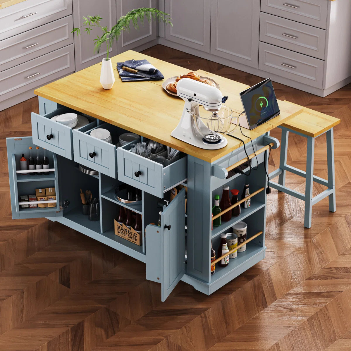 Kitchen Island Table: 53.14" Wide 3-Piece Set with Bar Stools, Power Outlets & Storage