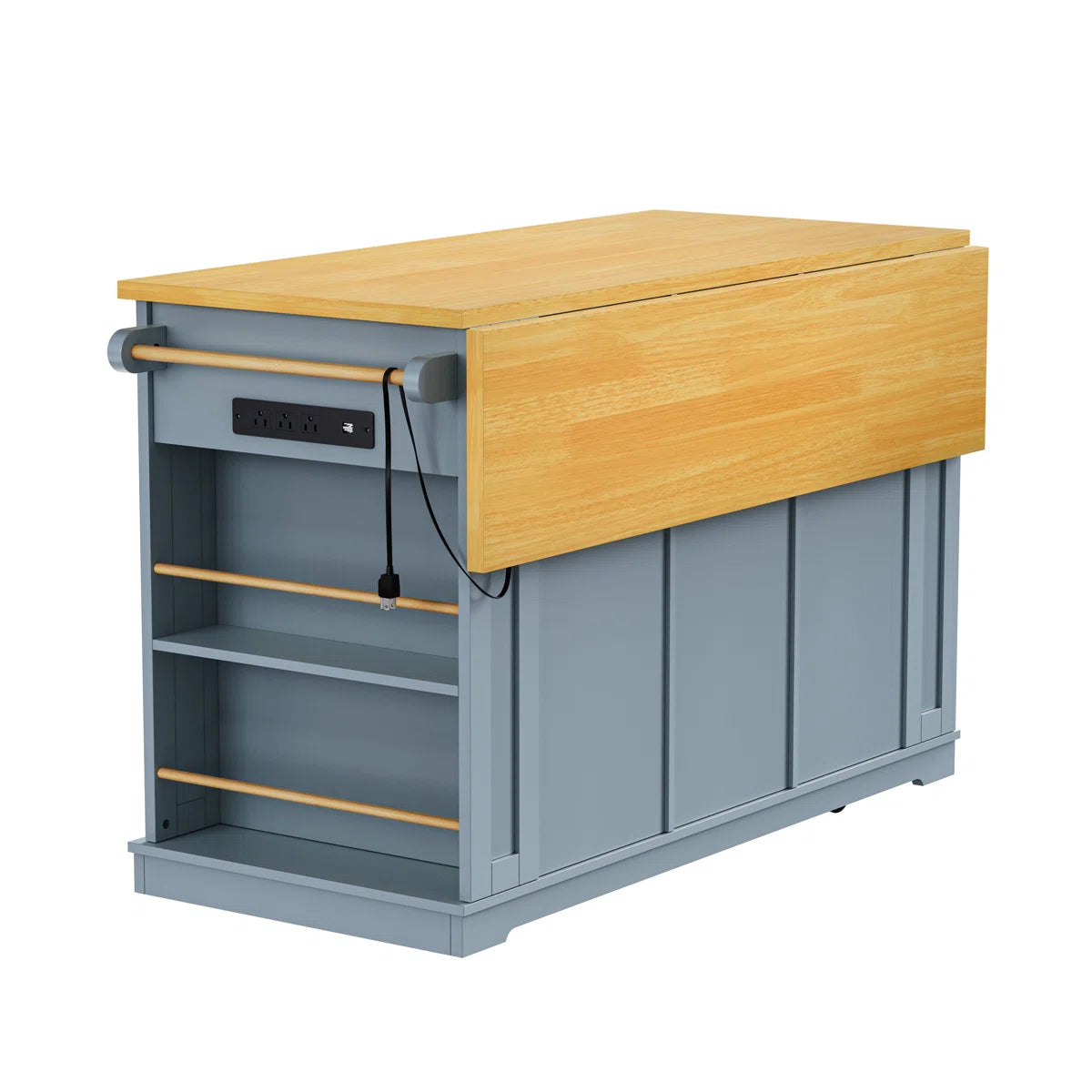 Kitchen Island Table: 53.14" Wide 3-Piece Set with Bar Stools, Power Outlets & Storage