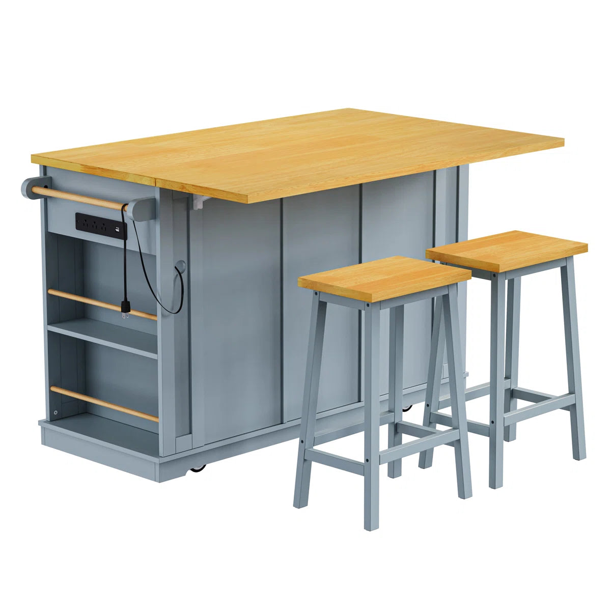 Kitchen Island Table: 53.14" Wide 3-Piece Set with Bar Stools, Power Outlets & Storage