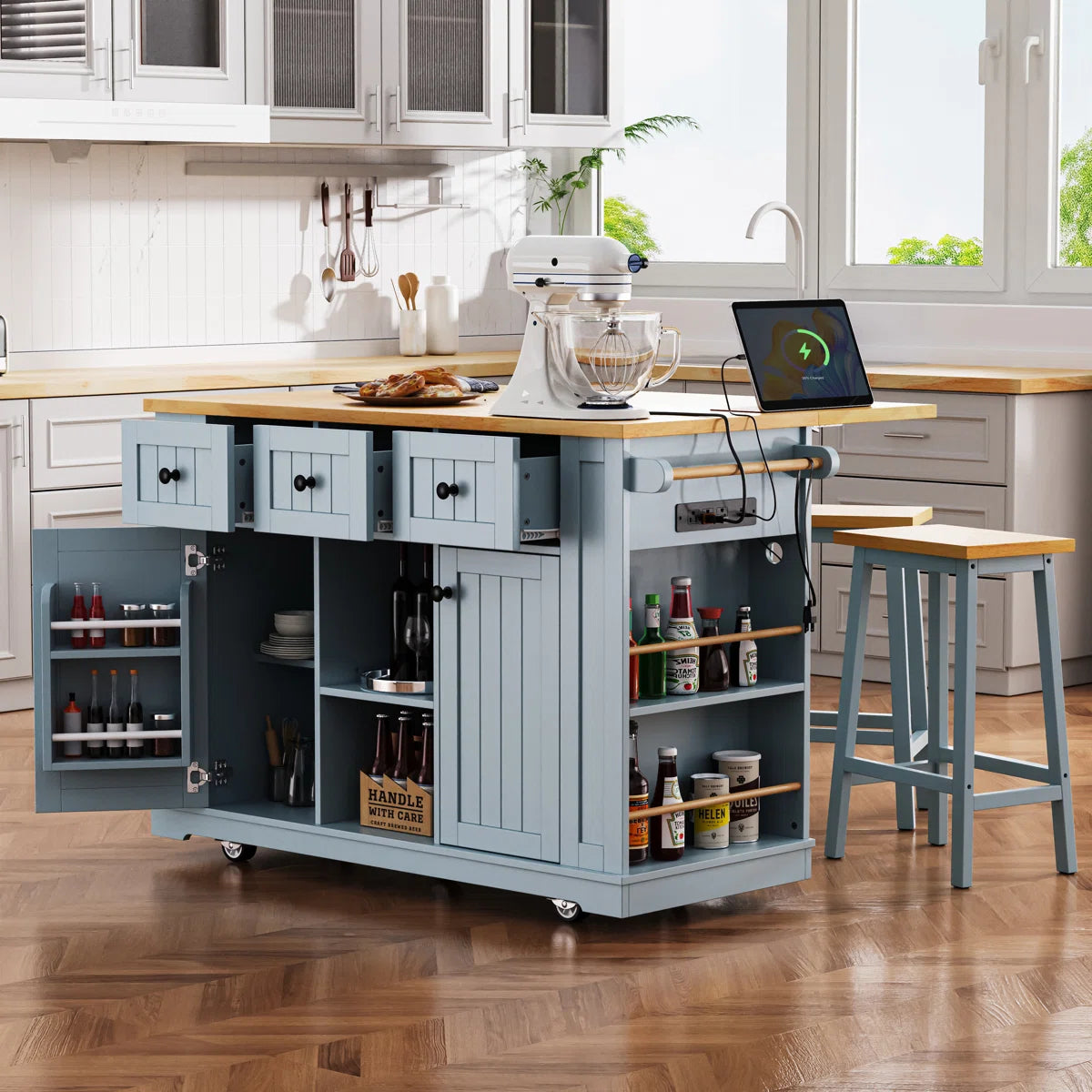 Kitchen Island Table: 53.14" Wide 3-Piece Set with Bar Stools, Power Outlets & Storage