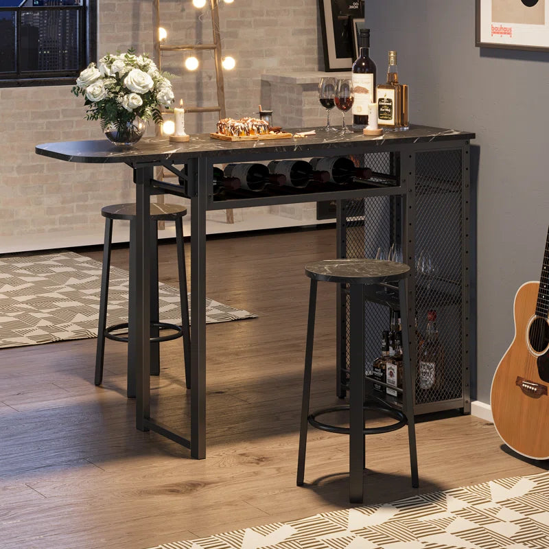 Kitchen Island Table: 55.1''Wide Steel & Wood 3-Piece Dining Table with Drop Leaf and Stools