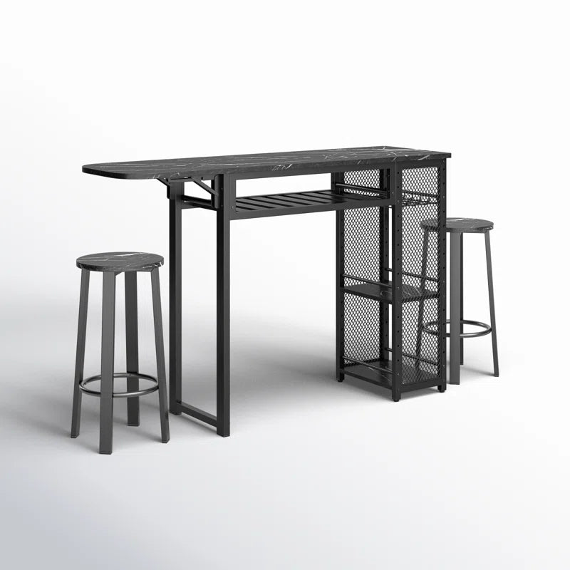 Kitchen Island Table: 55.1''Wide Steel & Wood 3-Piece Dining Table with Drop Leaf and Stools