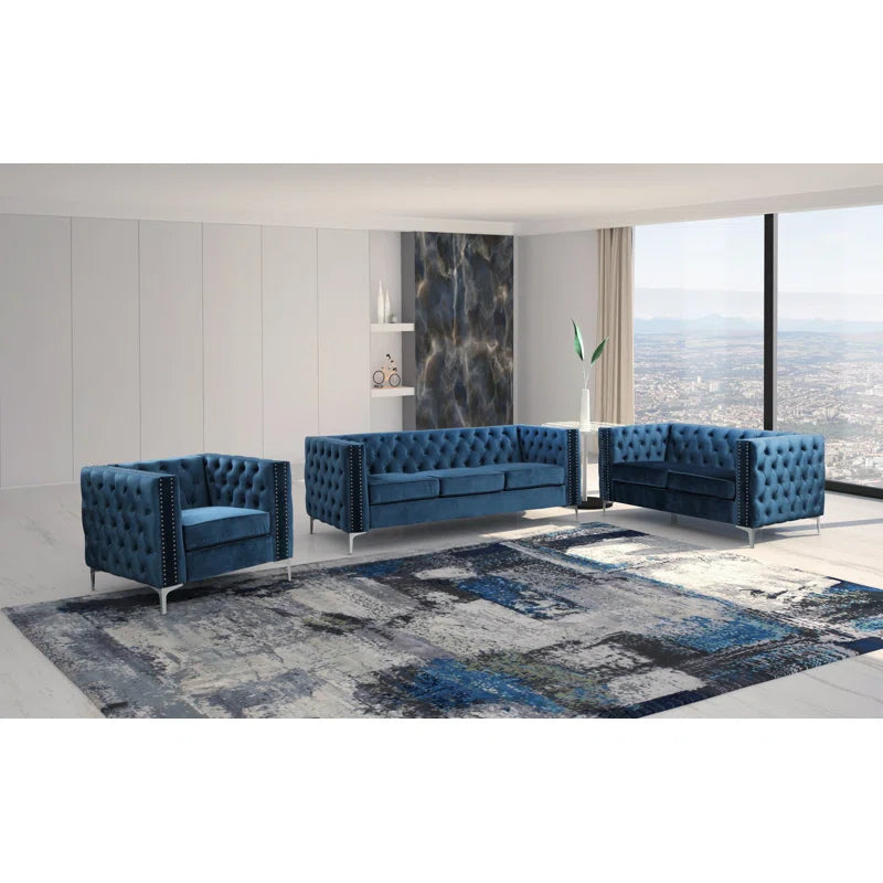 Luxury Sofa Sets: 3-Piece Navy Blue Velvet Sofa Set with Nailhead Trim
