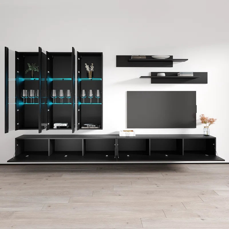 tv panel: 88" Floating Media Console with Storage Shelves and Contemporary Style