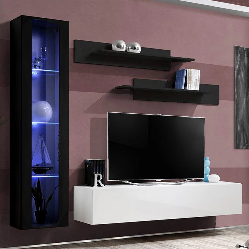 tv panel: Stylish floating TV stand holds 88" screens with storage
