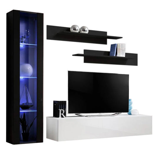 tv panel: Stylish floating TV stand holds 88" screens with storage