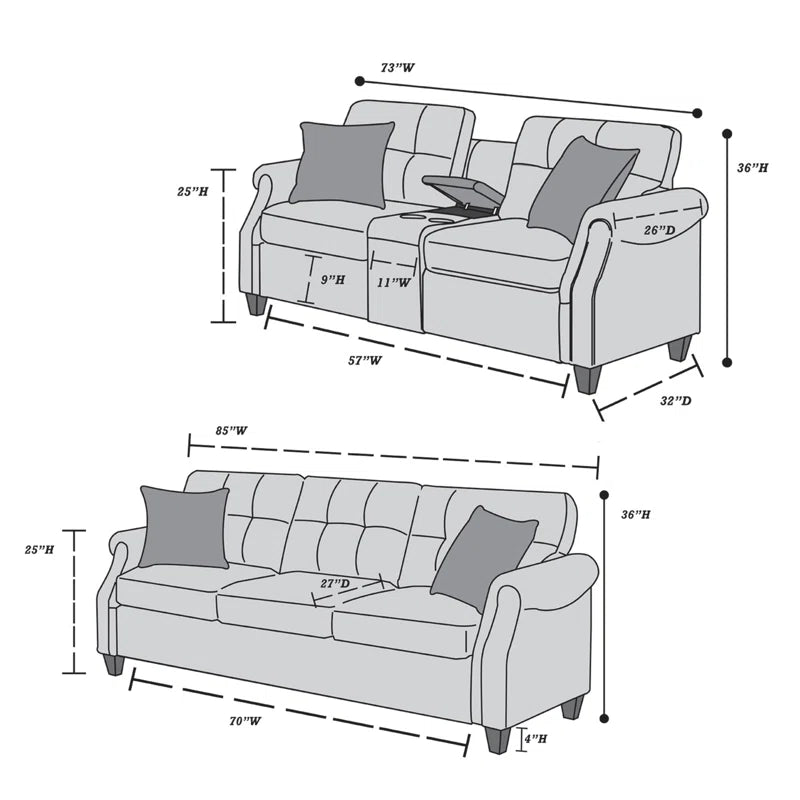 Luxury Sofa Sets: Arsenic Grey 2-Piece Classic Sofa & Loveseat Set with Accent Pillows