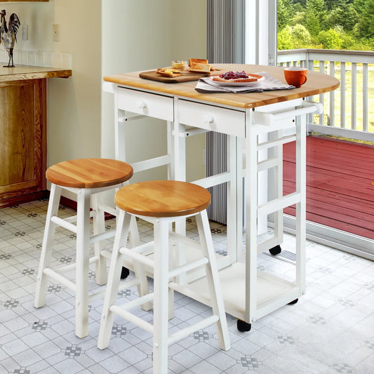 Kitchen Island Table: 32'' Wide White Solid Wood 3-Piece Set with Drop Leaf & Stools