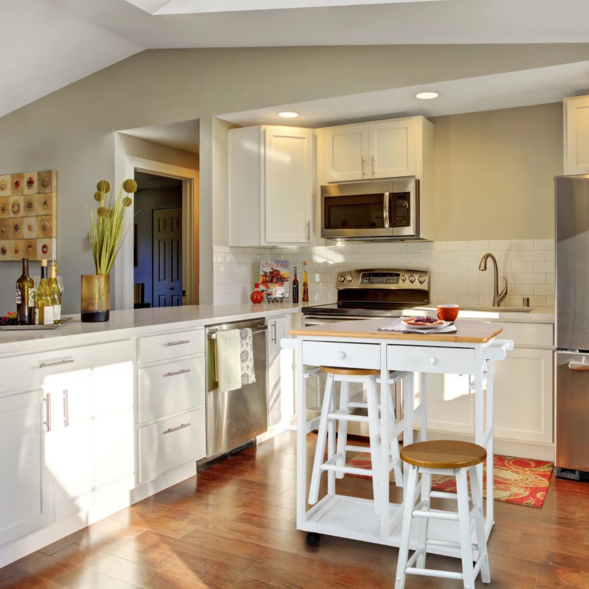 Kitchen Island Table: 32'' Wide White Solid Wood 3-Piece Set with Drop Leaf & Stools
