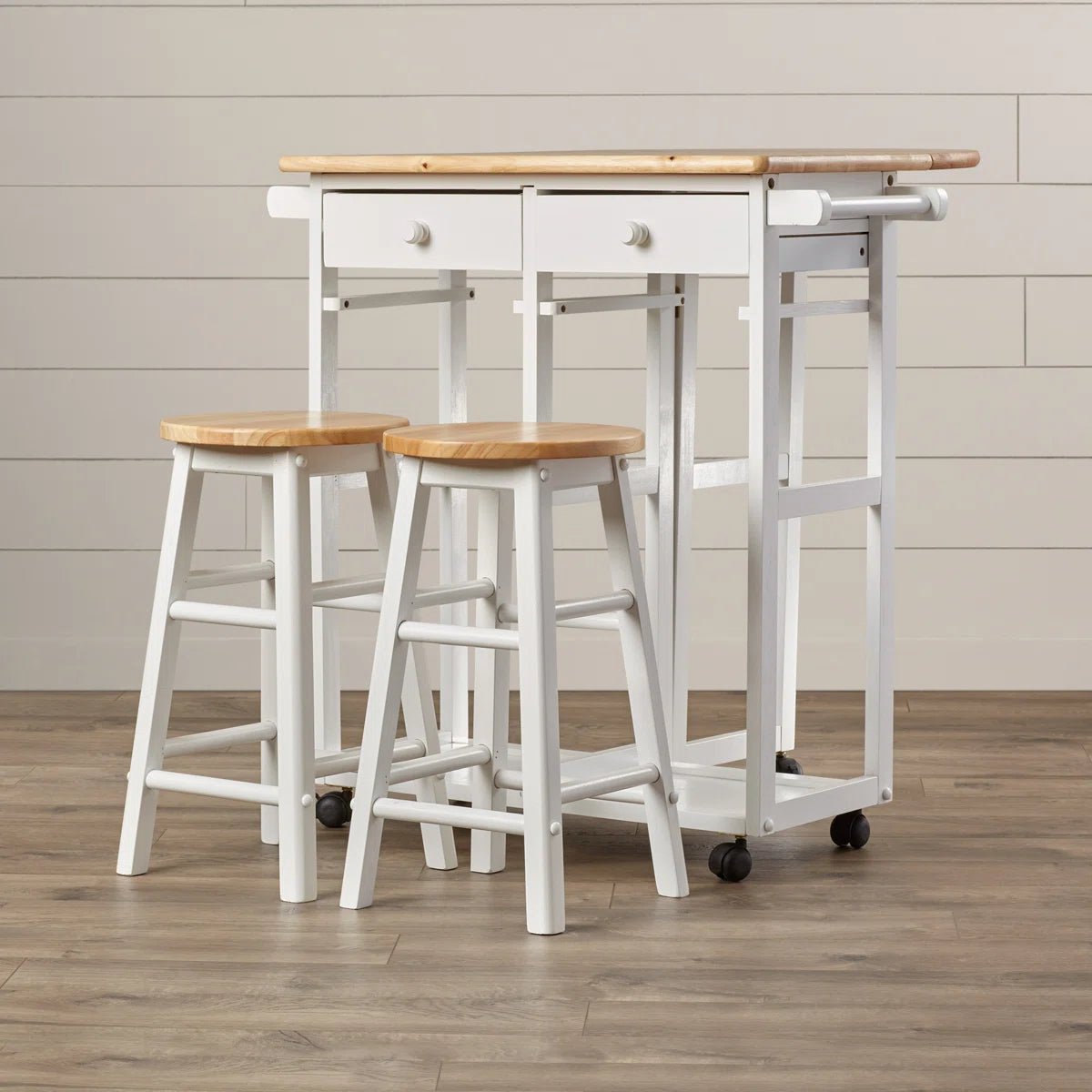 Kitchen Island Table: 32'' Wide White Solid Wood 3-Piece Set with Drop Leaf & Stools