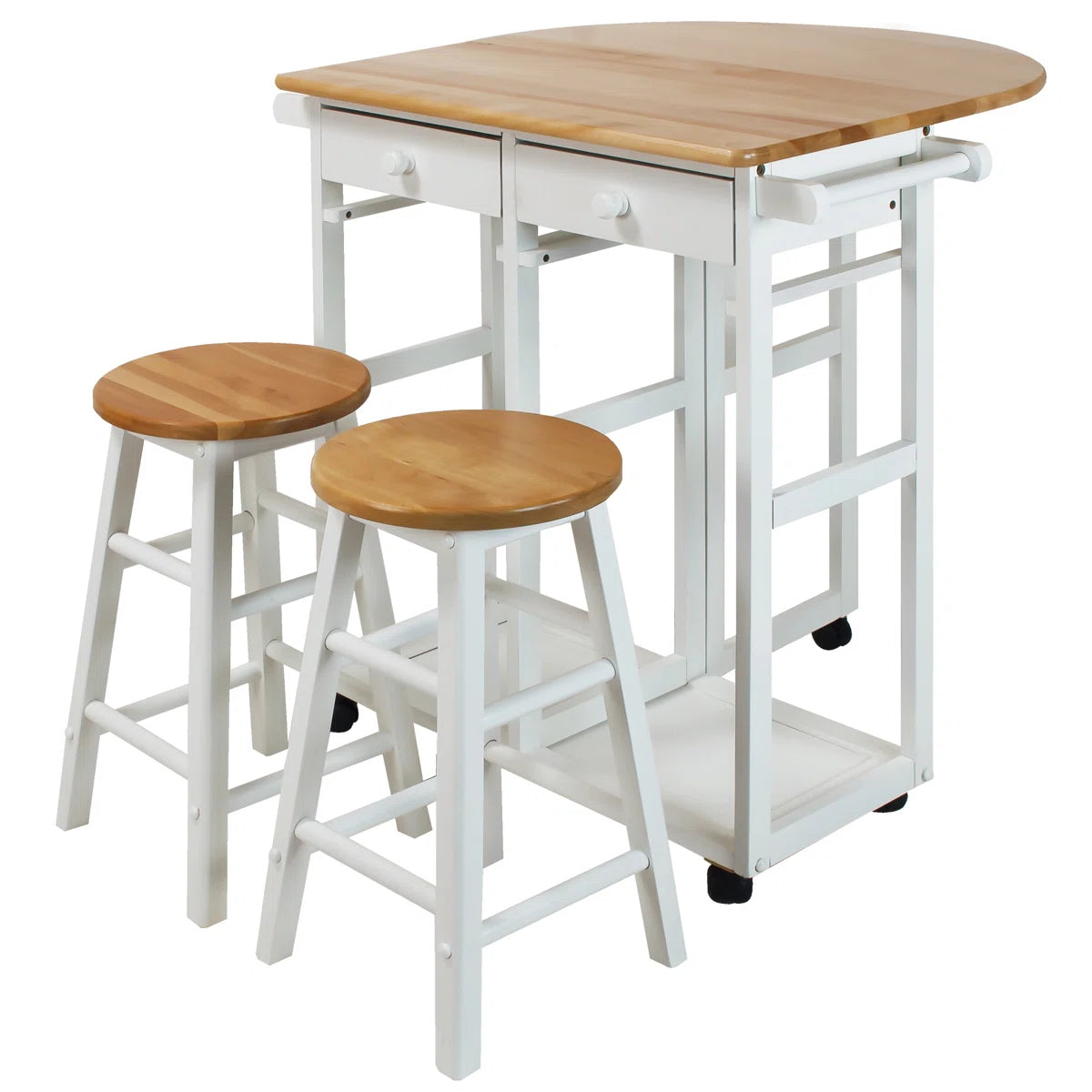 Kitchen Island Table: 32'' Wide White Solid Wood 3-Piece Set with Drop Leaf & Stools