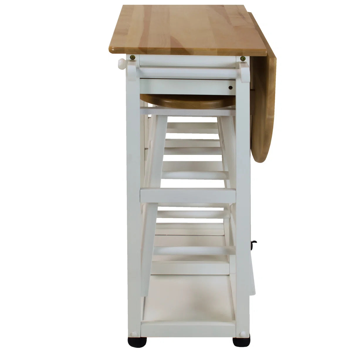 Kitchen Island Table: 32'' Wide White Solid Wood 3-Piece Set with Drop Leaf & Stools