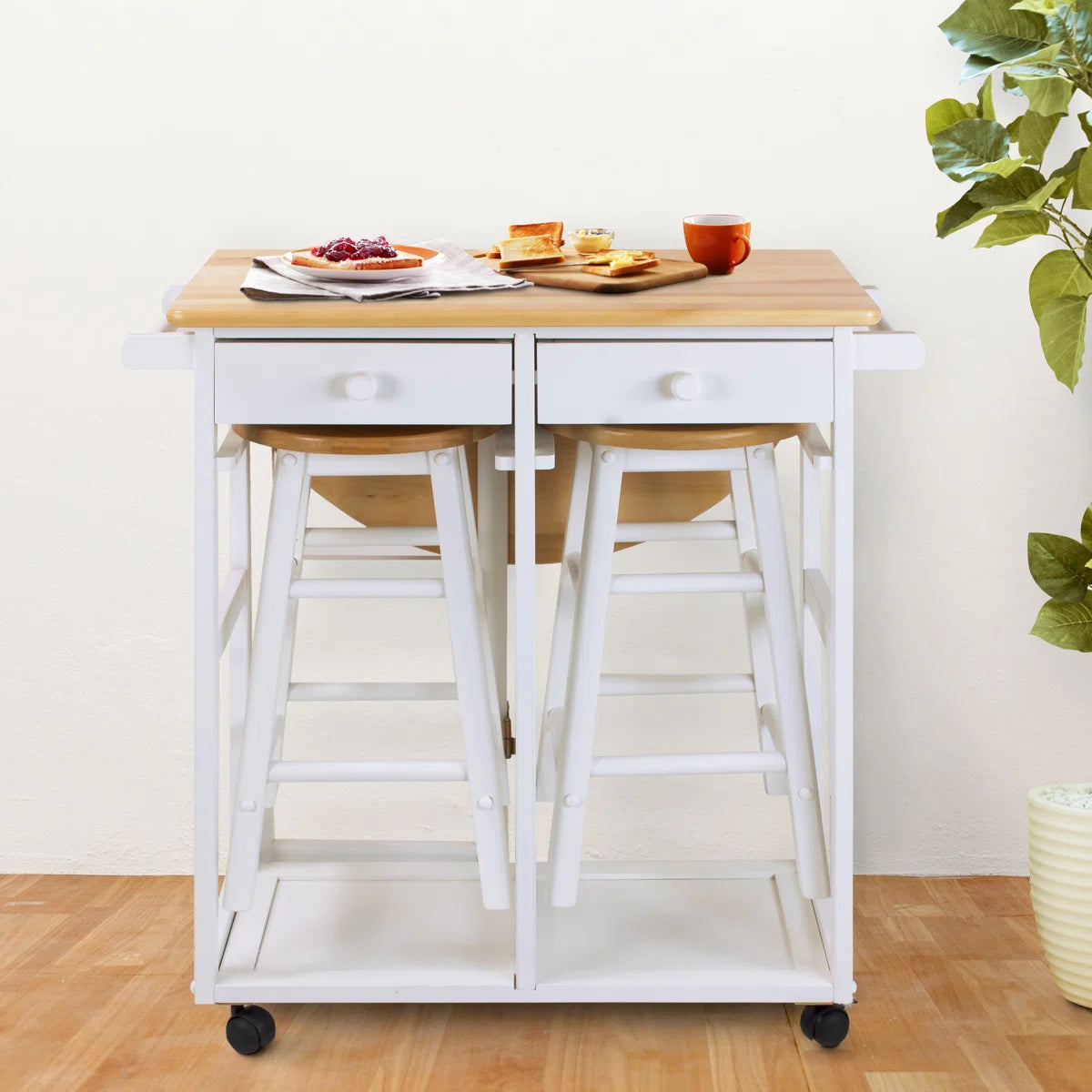 Kitchen Island Table: 32'' Wide White Solid Wood 3-Piece Set with Drop Leaf & Stools