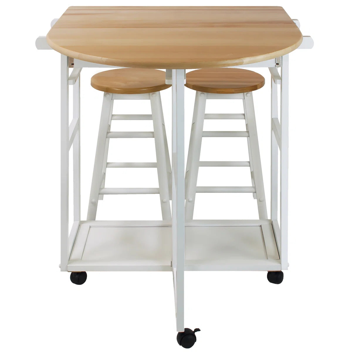 Kitchen Island Table: 32'' Wide White Solid Wood 3-Piece Set with Drop Leaf & Stools