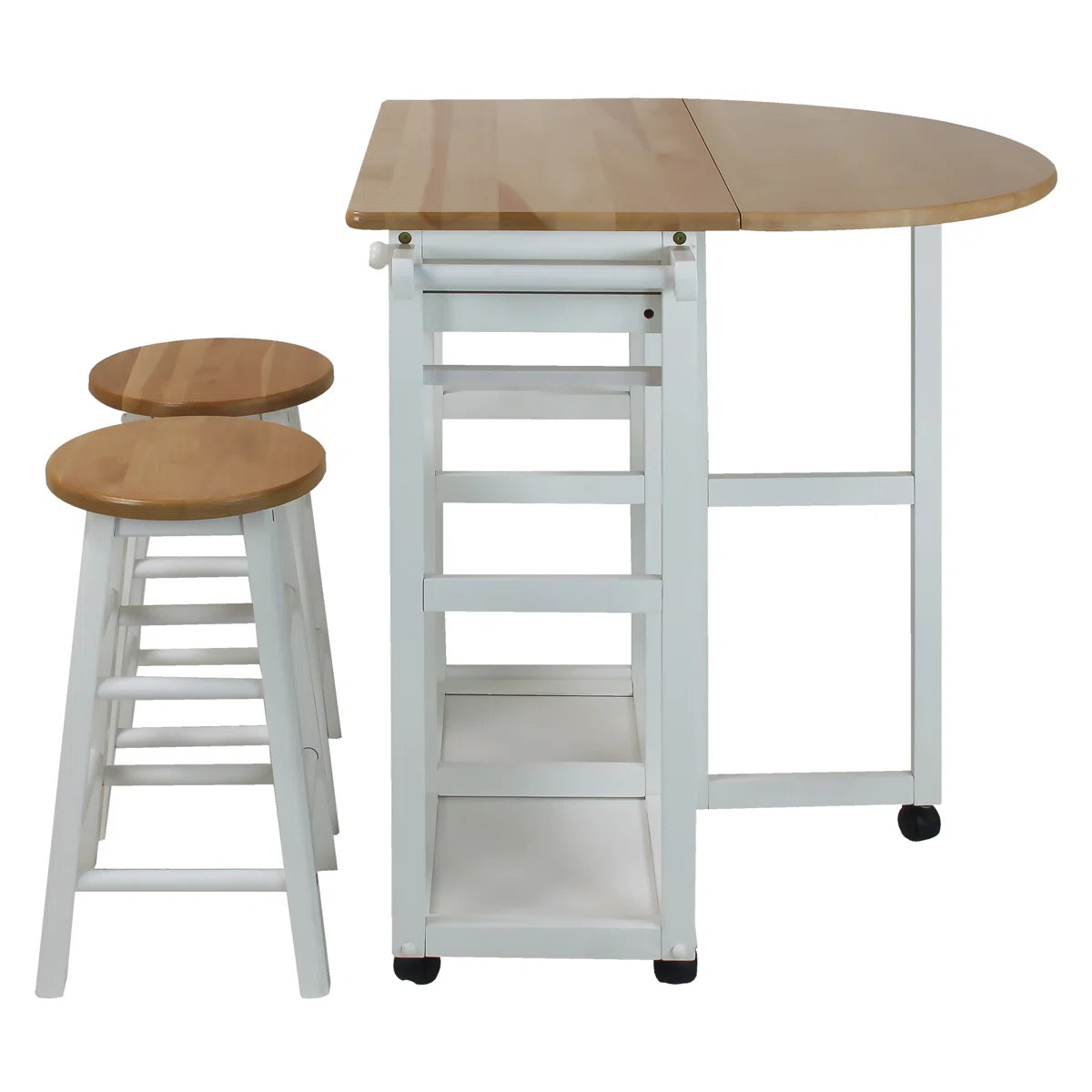 Kitchen Island Table: 32'' Wide White Solid Wood 3-Piece Set with Drop Leaf & Stools