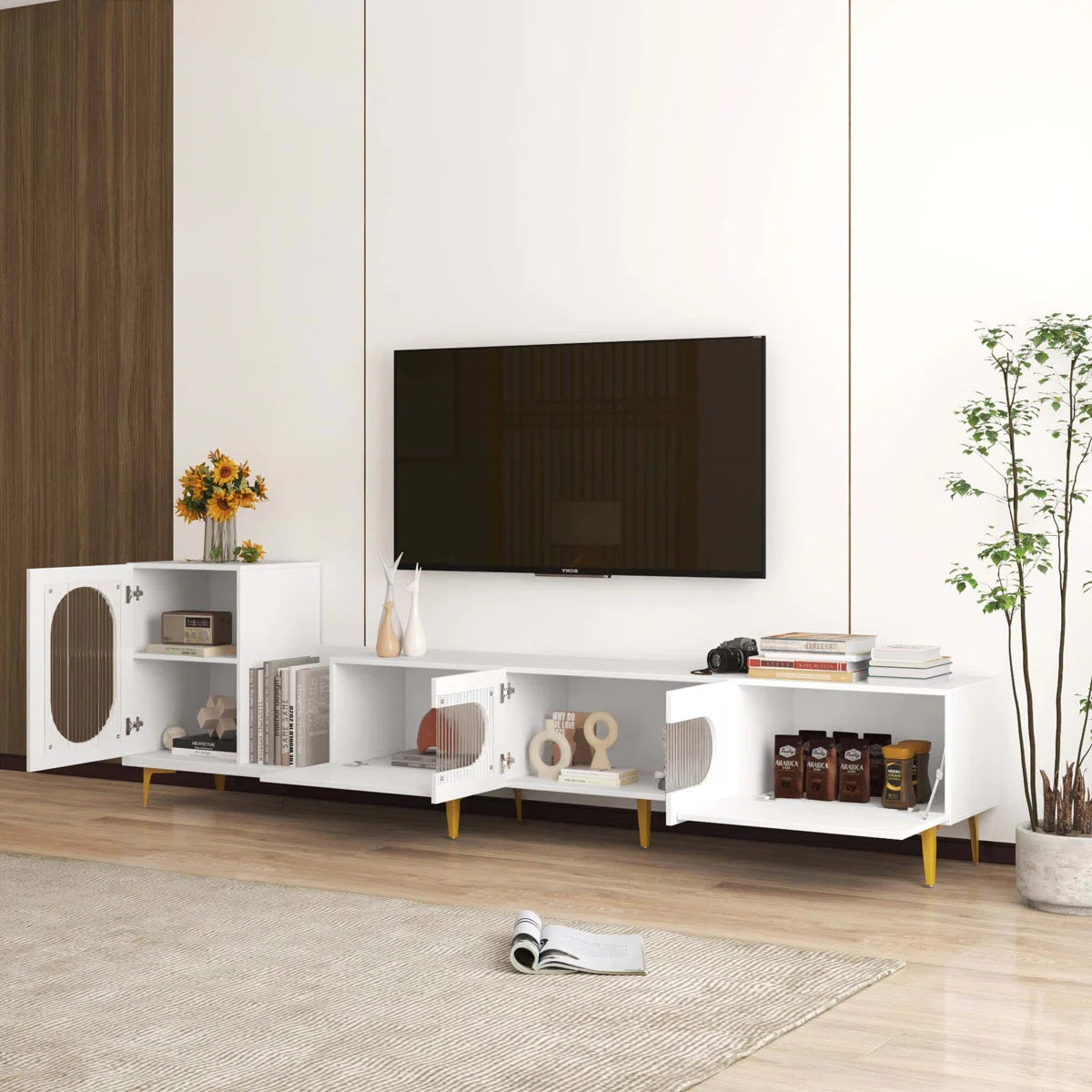 tv panel: Modern wood TV console, extendable entertainment center for bedroom or living room spaces