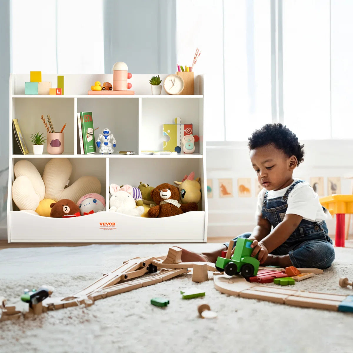 Kids Toy Storage Unit: 5-Compartment Organiser with Bookshelf